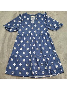 Womens Dress Size M Mini Linen Blend Ruffle Blue White Print Beach Resort Party